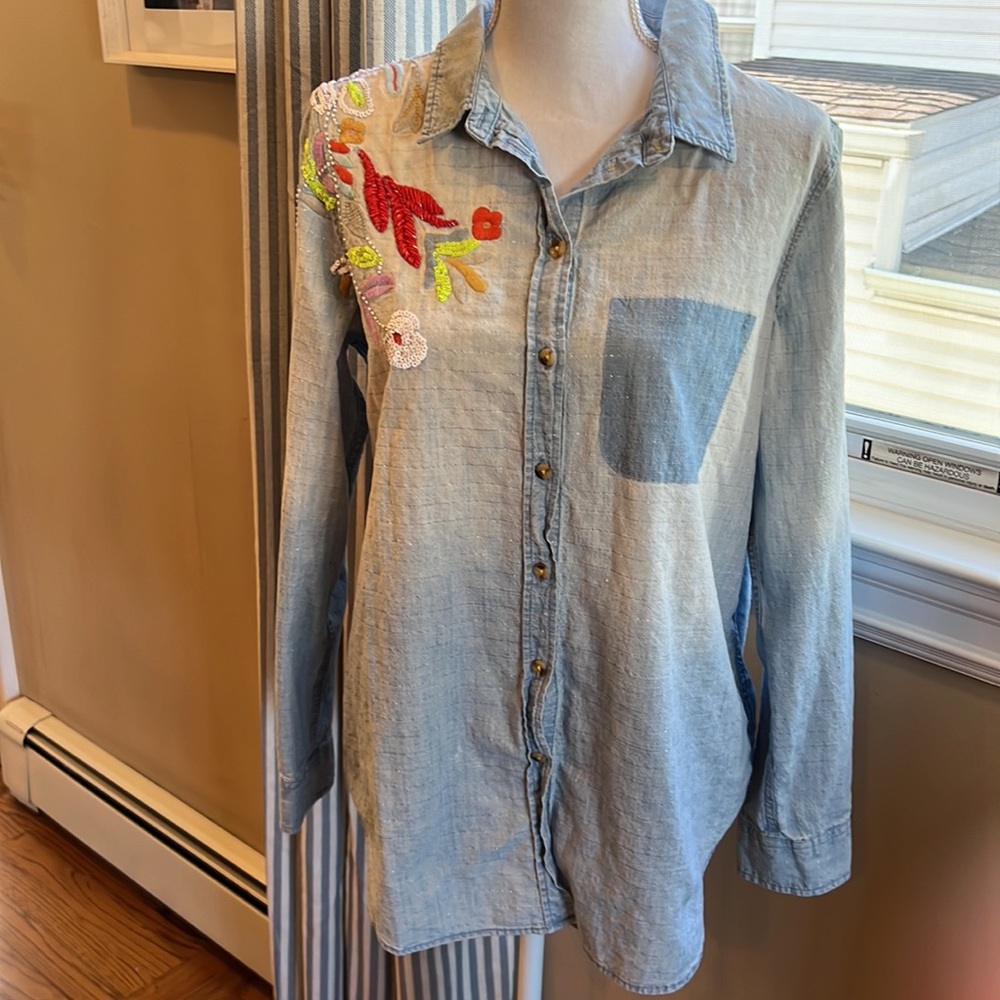 Maeve Light Blue Chambray Button-Down Shirt with Multicolor Embroidery - Picture 3 of 13